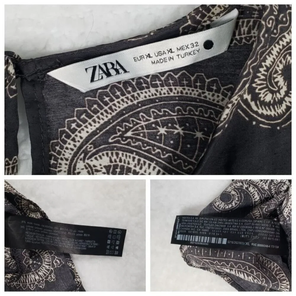 Zara Paisley Puff Sleeve Blouse Long Sleeve Boho Retro 70s Office Gray Womens XL